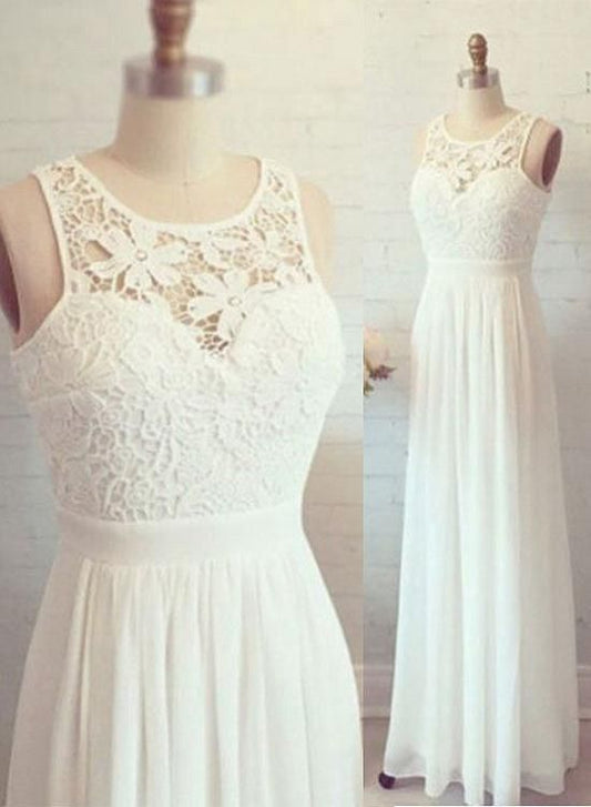 Weißes langes Ballkleid aus Chiffon und Spitze in A-Linie, Abendkleid aus Spitze cg23717