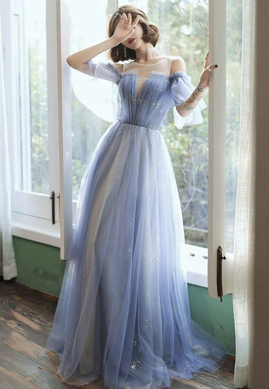 Langes Ballkleid aus blauem Tüll, blaues Abendkleid cg23720