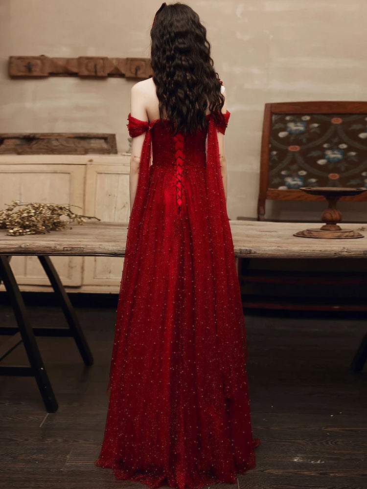 Burgundy tulle beads long prom dress burgundy tulle formal dress cg23725