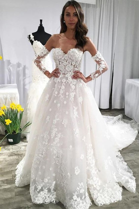 A-Linie, lange Ärmel, Elfenbein, Spitzenapplikationen, Perlen, Herzausschnitt, lange Brautkleider, Ballkleid mit Spitze, cg23727