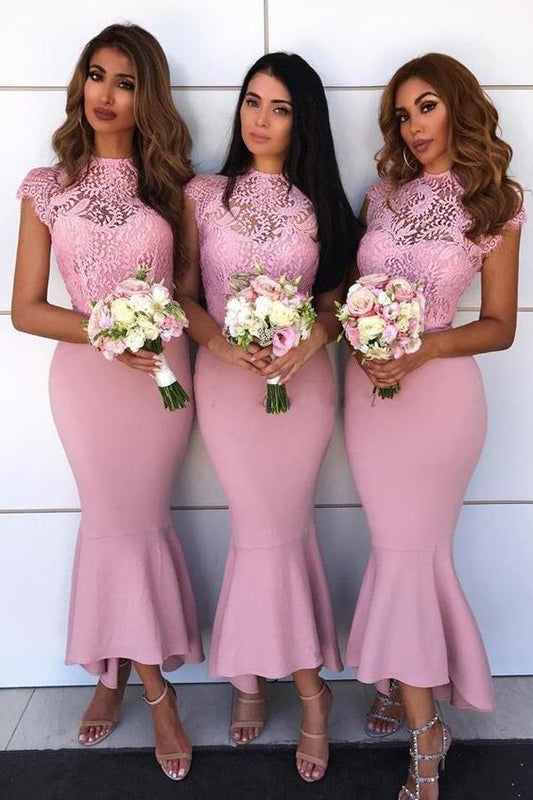 Meerjungfrau Juwel Spitze Flügelärmeln Hi-Low Asymmetrie Rosa Brautjungfernkleider Ballkleid Abendkleid cg23735