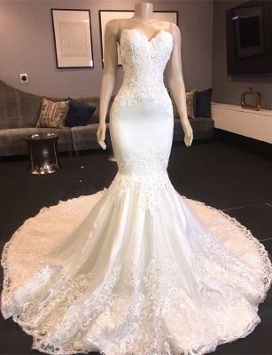 Meerjungfrau-Brautkleider mit Herzausschnitt und Spitze | Trägerloses, figurbetontes Brautkleid, Ballkleid cg23741