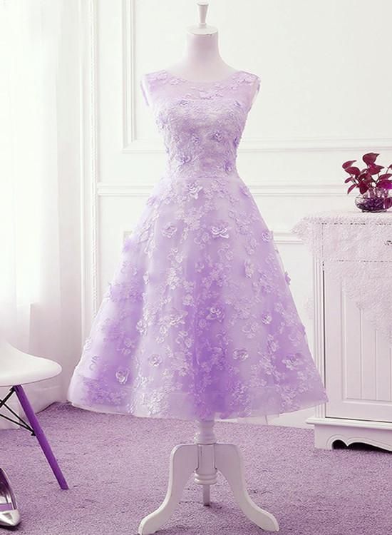 Lavender Lace Tea Length Wedding Party Dress, Vintage Style Homecoming classygown Lavender Lace Tea Length Wedding Party Dress, Vintage Style Homecoming classygown