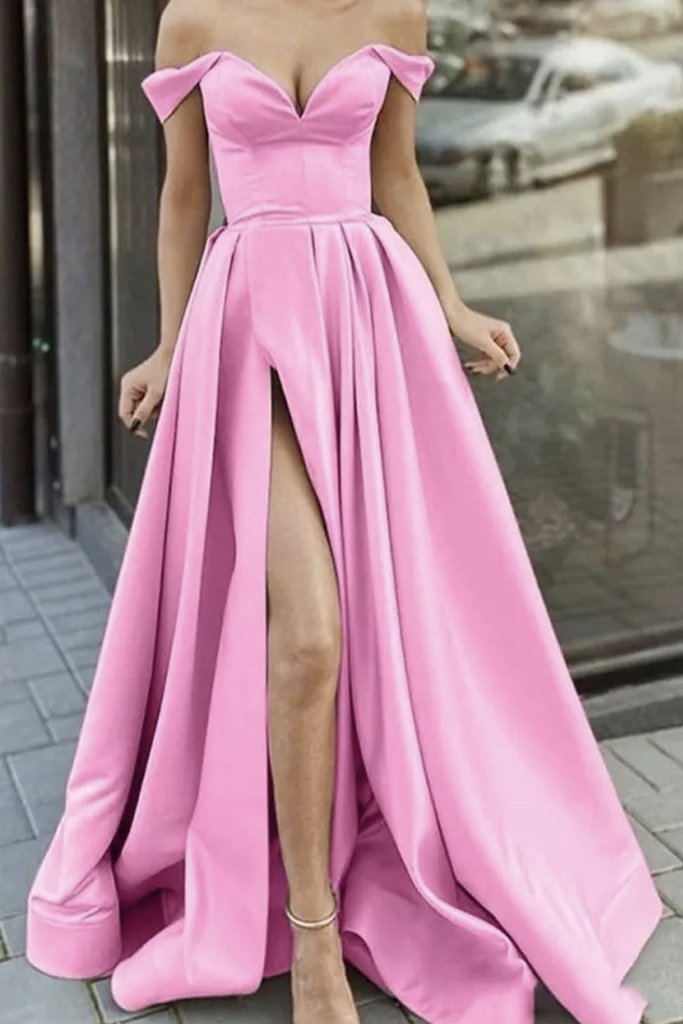 Elegant Off Shoulder Pink Satin Long Prom Dresses with High Slit cg23754