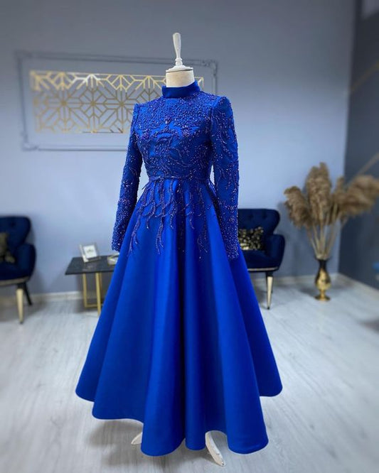 schlichtes blaues Ballkleid mit Spitzenstickerei, Abendkleid cg23788