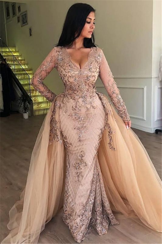 Elegante Abendkleider aus Tüll mit V-Ausschnitt und langen Ärmeln | Sexy Ballkleider im Meerjungfrauen-Stil mit Applikationen und abnehmbarem Rock cg23851