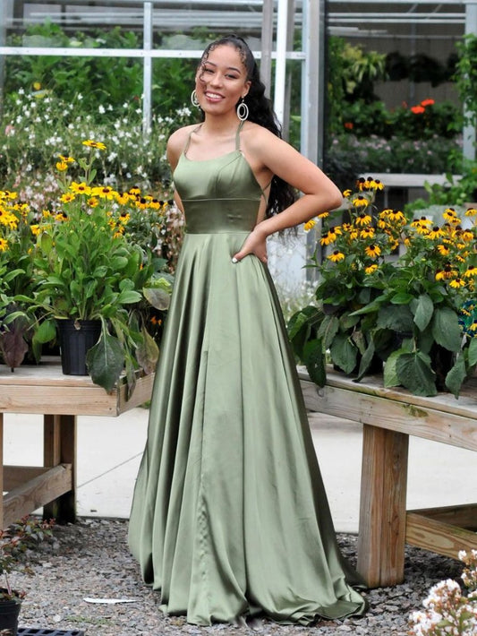Schlichtes, langes Ballkleid aus grünem Satin, grünes Abendkleid cg23967