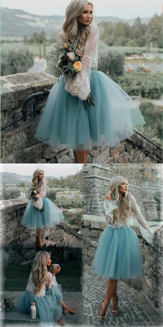 Günstige Tüll und Spitze Zweiteiler Blau Kurzes Kleid, Homecoming Kleider cg24