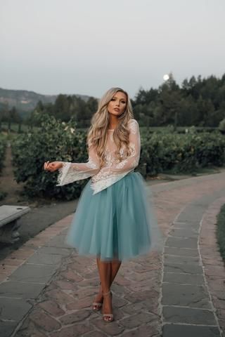 Günstige Tüll und Spitze Zweiteiler Blau Kurzes Kleid, Homecoming Kleider cg24