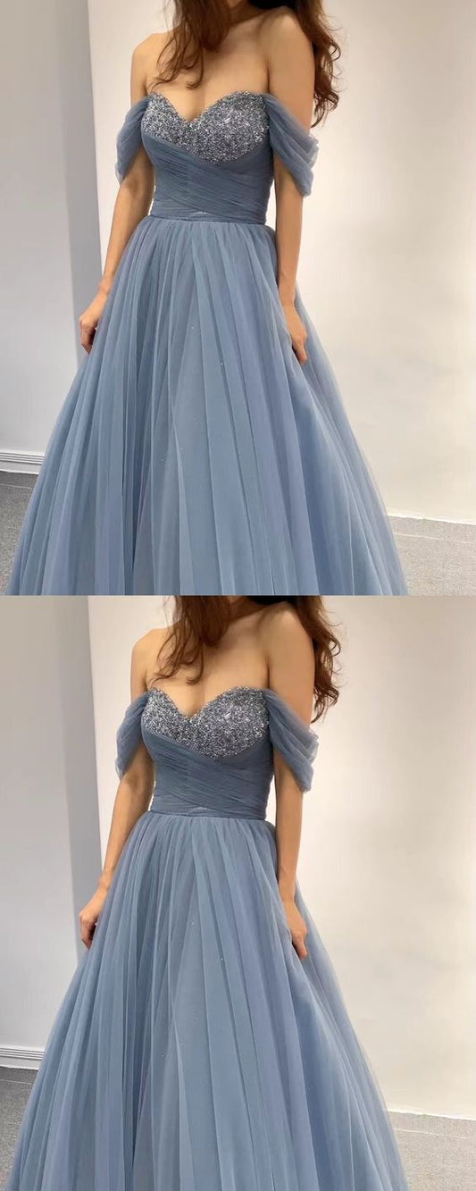 Staubiges blaues Prinzessinnen-Ballkleid mit Tüll und herzförmigem Korsett, schulterfrei für Damen, cg24016