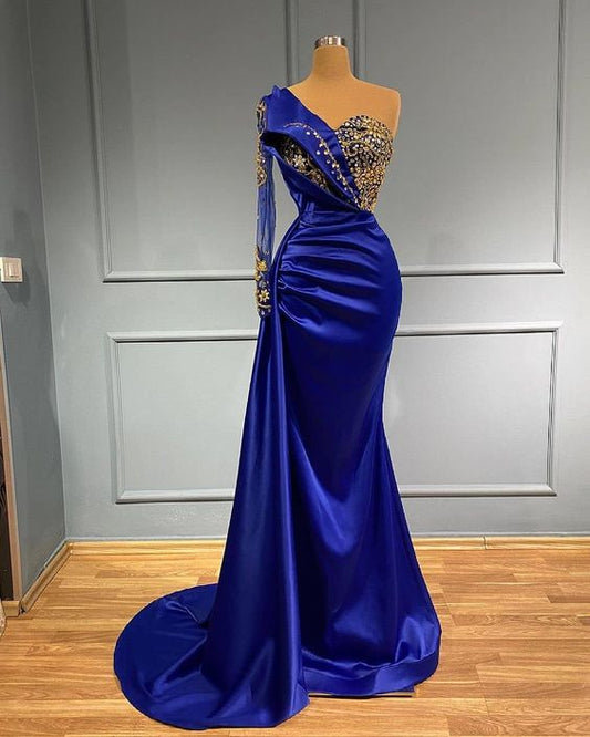Blaues langes Meerjungfrau-Abendkleid, langes Ballkleid, cg24077