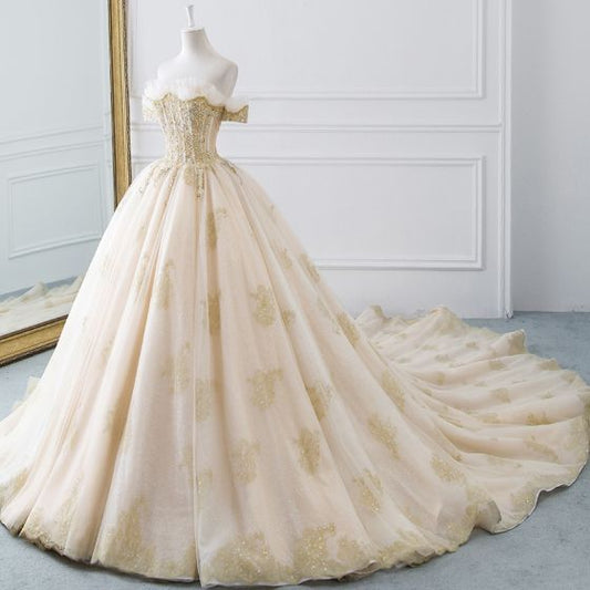 Ballkleid, schulterfrei, kurze Ärmel, rückenfrei, Glitzer-Tüll, Ballkleid cg24078