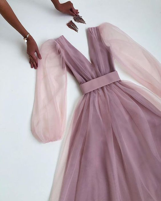 Langes Abendkleid aus Tüll mit V-Ausschnitt, Abschlussball-/Abendkleid, cg24083