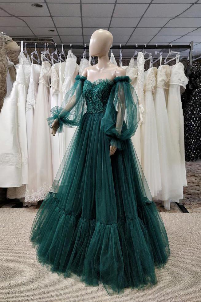 Pretty Green Lace Prom Dresses Puff Long Sleeves Off The Shoulder Lace Appliques Tulle Ball Gown cg24134 Pretty Green Lace Prom Dresses Puff Long Sleeves Off The Shoulder Lace Appliques Tulle Ball Gown cg24134