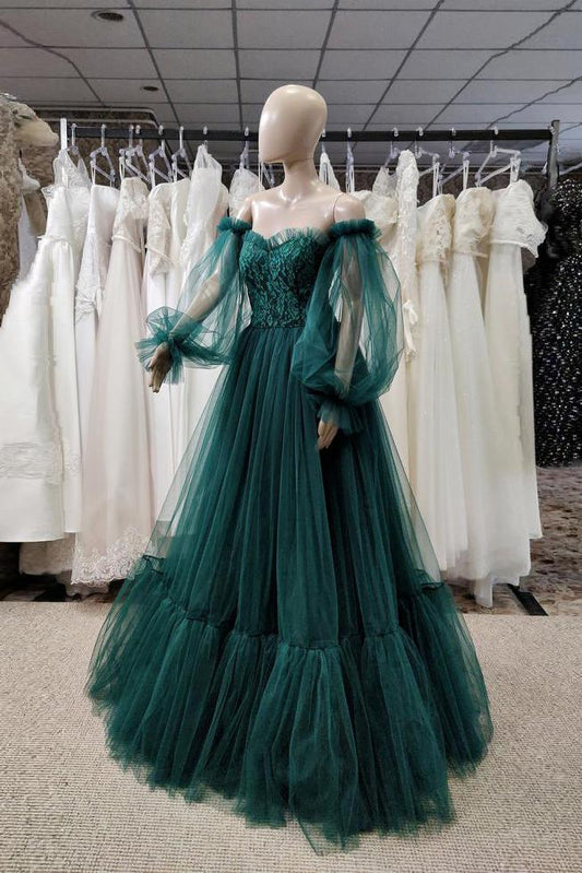 Pretty Green Lace Prom Dresses Puff Long Sleeves Off The Shoulder Lace Appliques Tulle Ball Gown      cg24134