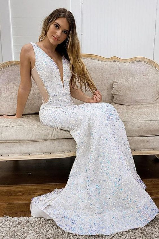 Glitzerndes, langes weißes Meerjungfrauen-Ballkleid cg24174