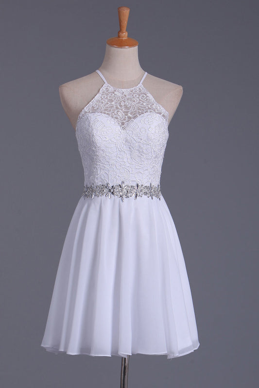 2019 Weißes Neckholder-Heimkehrkleid A-Linie Chiffon & Spitze Kurz/Minikleid cg243