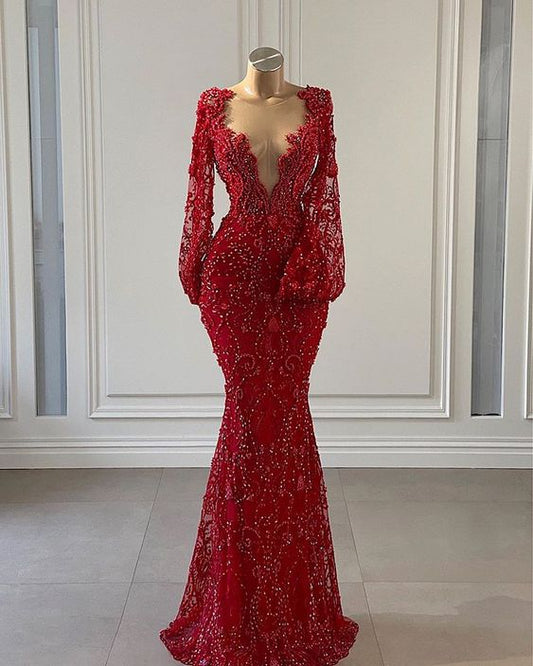 Rotes Ballkleid, lange Ballkleider, Langarm, Spitze, Meerjungfrau, Abendkleider cg24348