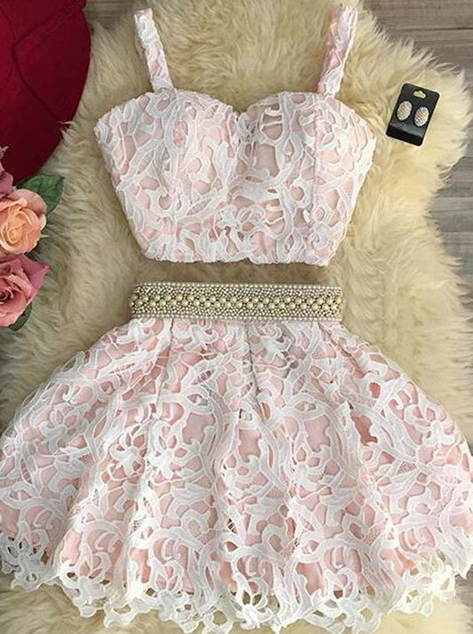 Süßes rosa zweiteiliges kurzes Homecoming-Kleid aus Spitze, rosa Homecoming-Kleid cg244