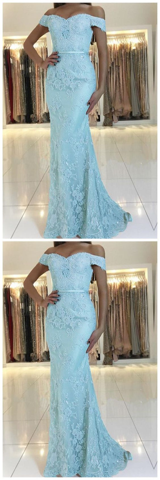 Schulterfreies Meerjungfrau-Ballkleid aus blauer Spitze cg24425