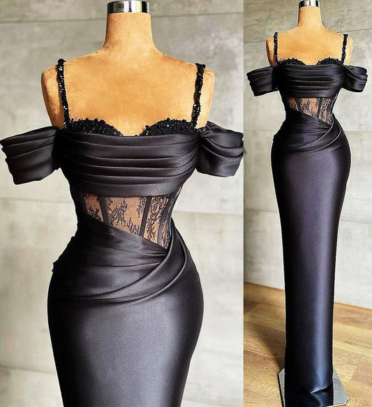 2021 Plus Size Arabisch Aso Ebi Schwarze Spitze Perlen Ballkleider Spaghetti Hülle Satin Abend Formale Party Zweite Empfangskleider cg24441