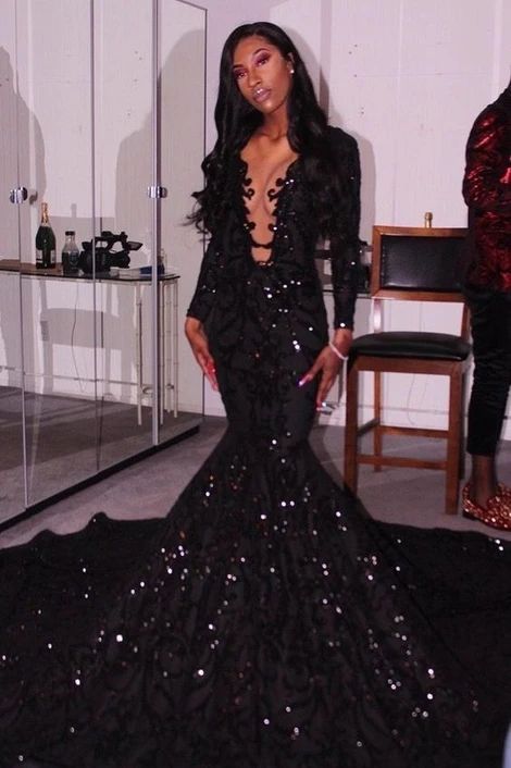 Schwarzes langes Ballkleid mit tiefem V-Ausschnitt, Meerjungfrau-Ballkleid cg24442