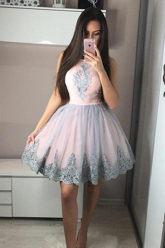 Rosa kurzes Homecoming-Kleid mit Rundhalsausschnitt und Tüllspitze, Homecoming-Kleid cg245