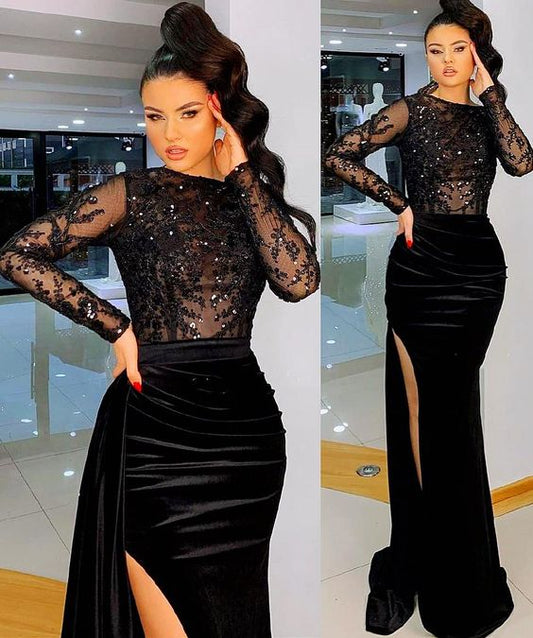 Sexy Ballkleider Perlen High Split Samt Abend Formale Party Zweite Empfang Kleider Kleid cg24506