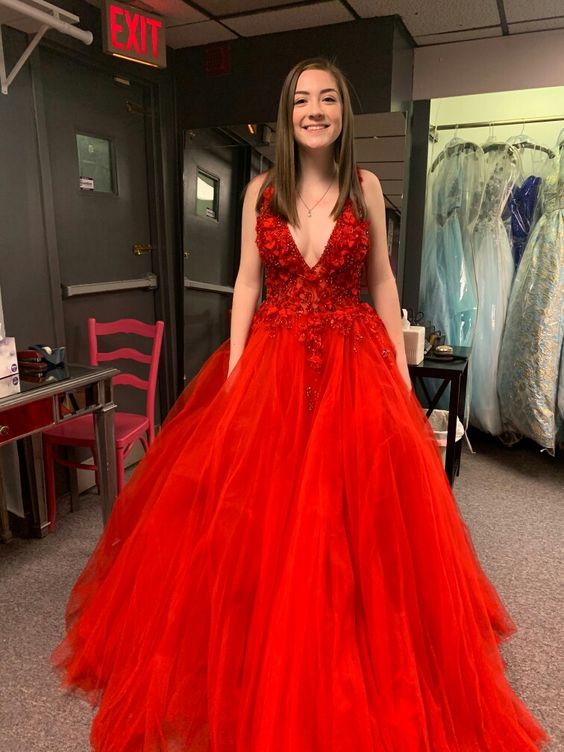 red A-line long formal prom dress cg24573