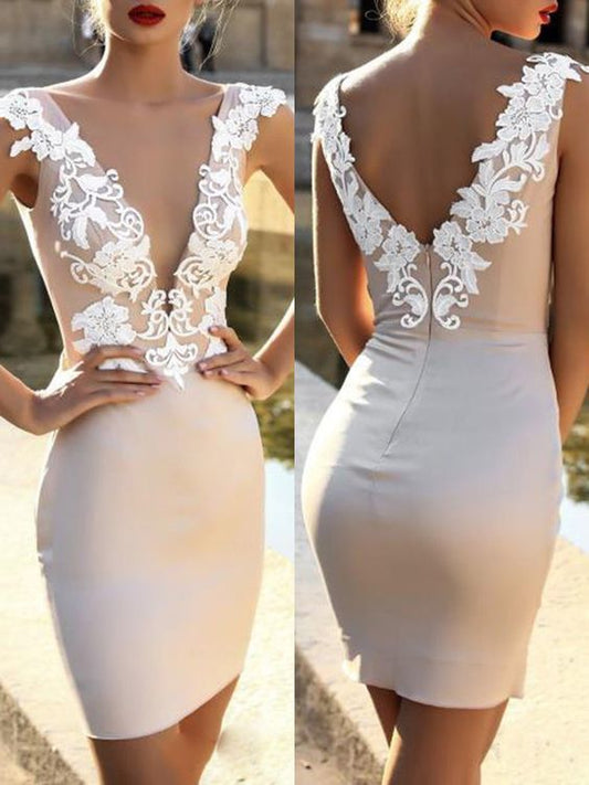 Weißes Patchwork-Spitzen-Reißverschluss-rückenfreies, figurbetontes, tiefes V-Ausschnitt-Minikleid mit elegantem Homecoming-Kleid cg24588