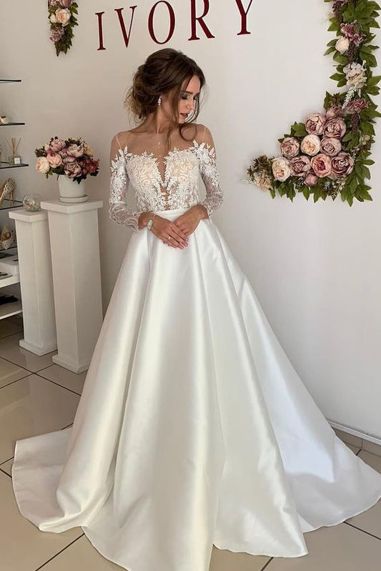 Ballkleid Prinzessin Lange Ärmel Illusion Hals Elfenbein Brautkleid mit Spitze cg24659