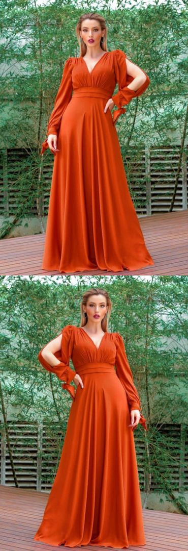 Orangefarbene Brautjungfernkleider mit Ärmeln, Ballkleider, cg24685