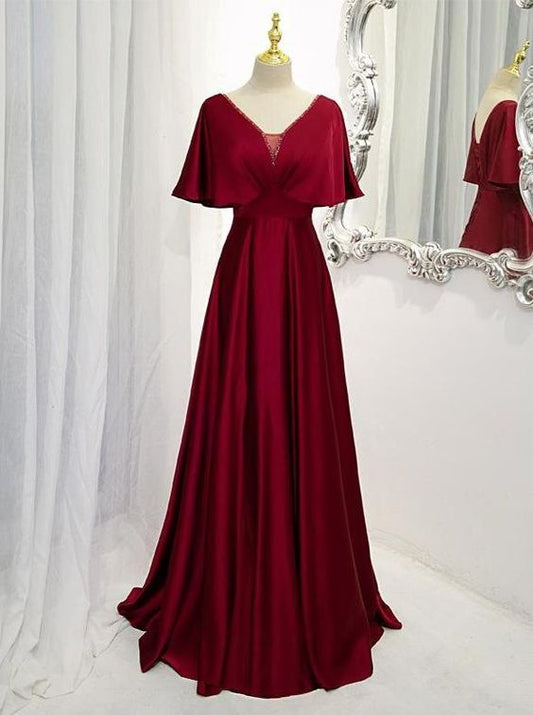 Dunkelrotes Satin A-Linie Bodenlanges Abendkleid, Weinrote Hochzeitspartykleider cg24707