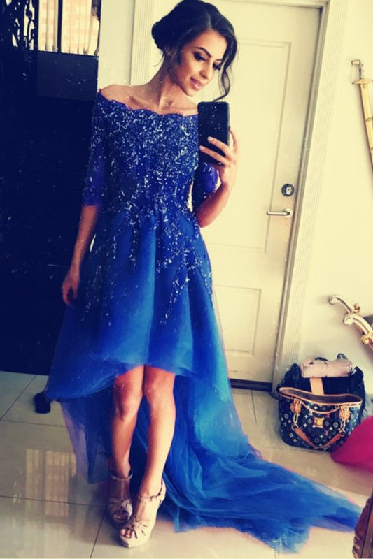 elegantes königsblaues High-Low-Ballkleid mit Ärmeln cg24772