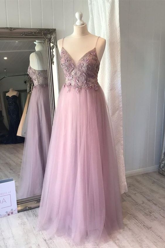 A-line Spaghetti Strap Lilac Prom Dress with Flowers cg24781