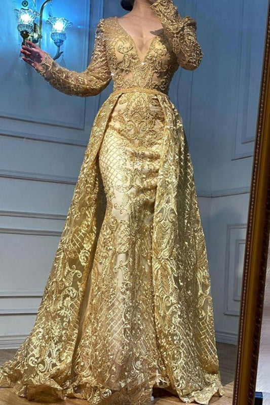 Langarm V-Ausschnitt Langes Ballkleid Spitze Perlen Abendkleid cg24788