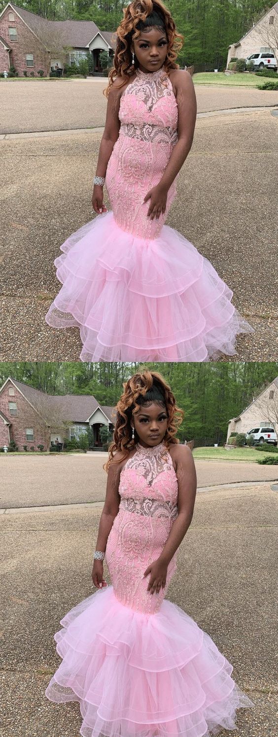 Fashion Pink Tulle Mermaid Evening Dress, Appliques Long Prom Dresses cg24798