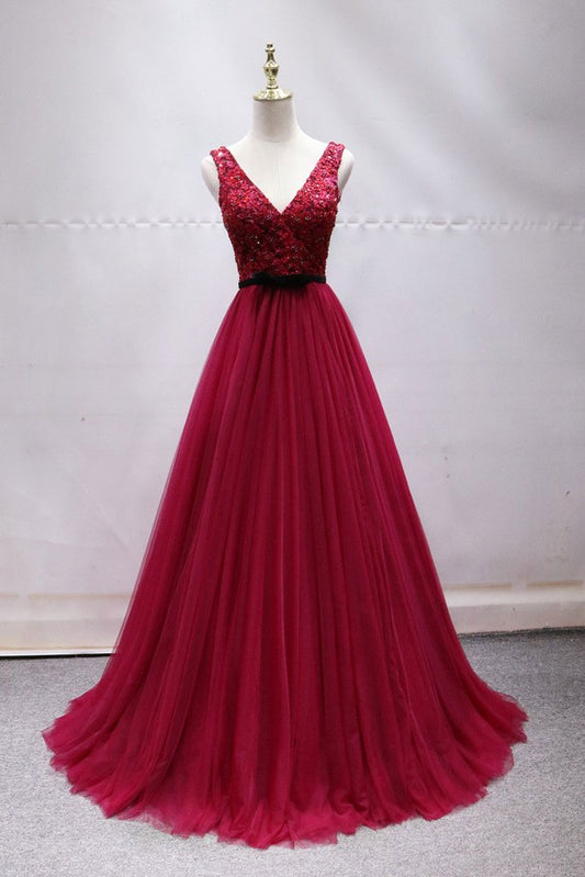 Langes Ballkleid aus weinrotem Tüll und Spitze, weinrotes Abendkleid aus Spitze, cg2486