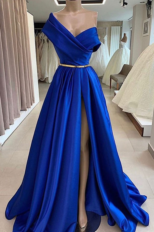 LANGES BALLKLEID AUS BLAUEM SATIN, LANGES ABENDKLEID AUS BLAUEM SATIN cg2492