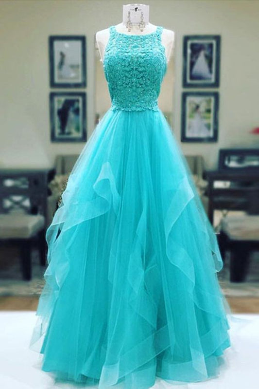 Türkises langes Spitzen-Ballkleid aus Tüll, Abendkleid mit Rüschen cg2522