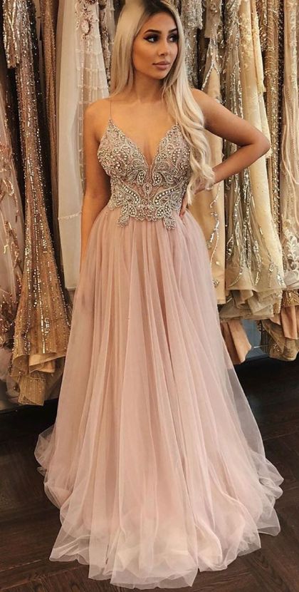 Elegantes, langes, formelles Abendkleid mit Spaghettiträgern in Rosa cg2532