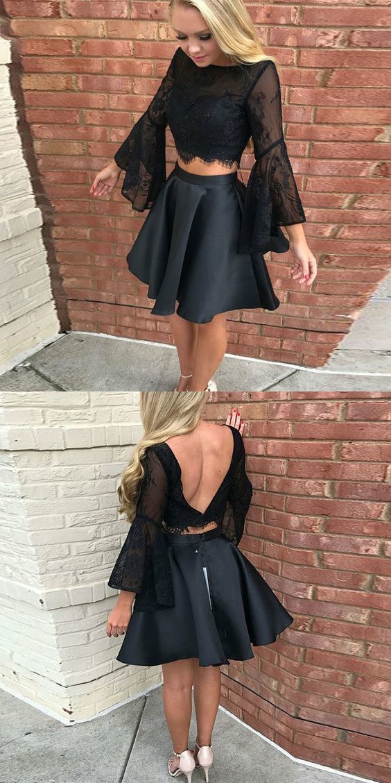Zweiteiliges schwarzes kurzes Homecoming-Kleid, 2-teilig, Glockenärmel, cg254