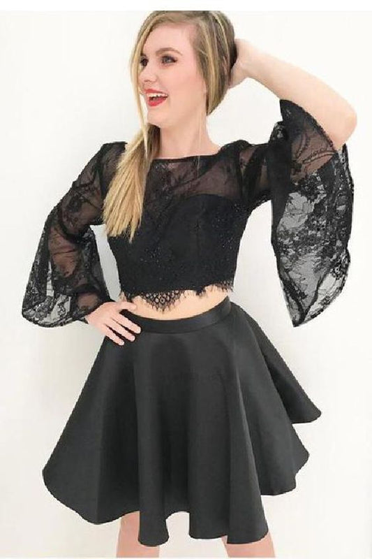 Zweiteiliges schwarzes kurzes Homecoming-Kleid, 2-teilig, Glockenärmel, cg254