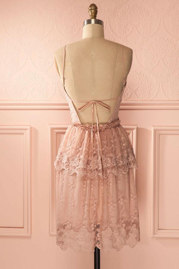 A-line Pink Lace Short Dress Spaghetti Straps Short Dresses Cheap Homecoming Dress cg2561