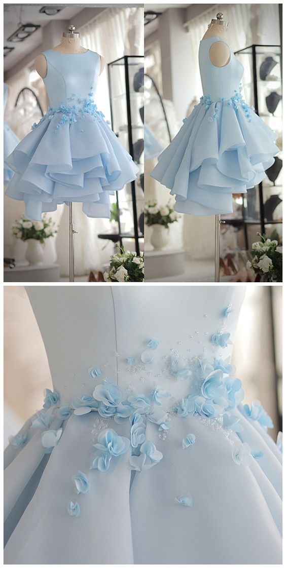 Hellblaues kurzes Partykleid aus Satin-Organza, süßes Homecoming-Kleid cg259