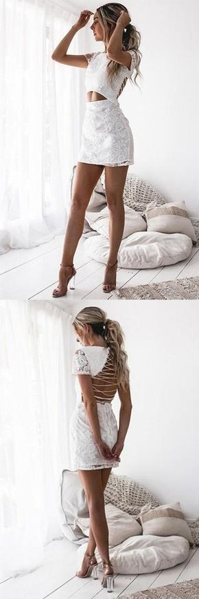 Charming White Lace Short Sleeves Lace-Up Back, short Homecoming Dress cg26