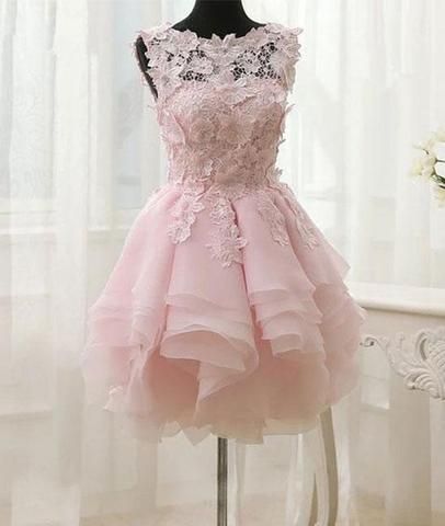 Rosa Organza-Applikationen, kurzes Homecoming-Kleid, einfache Homecoming-Kleider cg260