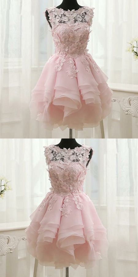 Rosa Organza-Applikationen, kurzes Homecoming-Kleid, einfache Homecoming-Kleider cg260