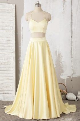 Gelbes zweiteiliges Neckholder-Spitzen-Satin-Ballkleid, lang, cg2606