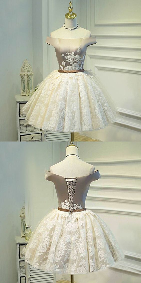 Ballkleid, schulterfrei, kurz, elfenbeinfarben, Spitze, Heimkehrkleid mit Applikationen, cg261
